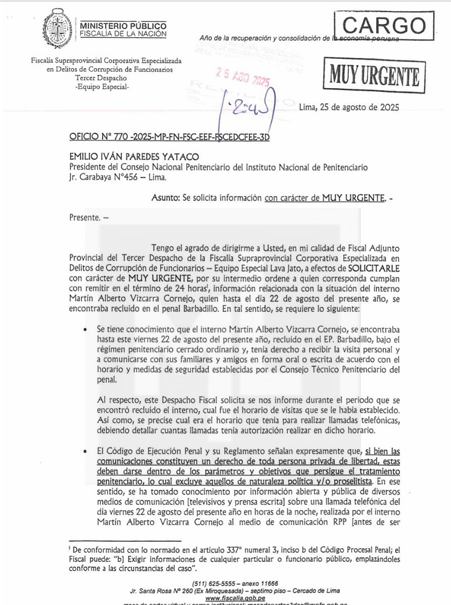 Oficio del Ministerio Público sobre Martín Vizcarra.