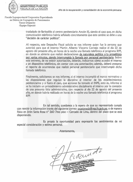 Oficio del Ministerio Público sobre Martín Vizcarra.