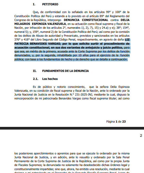 Patricia Benavides presenta denuncia constitucional