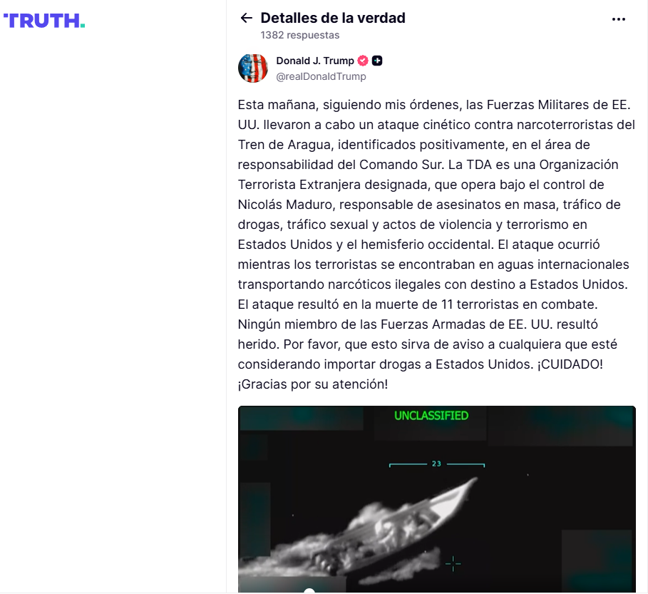 Donald Trump difundió video donde destruyeron embarcación con drogas procedente de Venezuela.