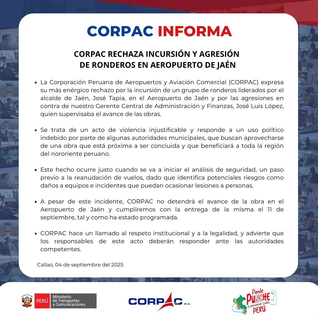 Corpac se pronunció tras castigo de ronderos a uno de sus trabajadores.