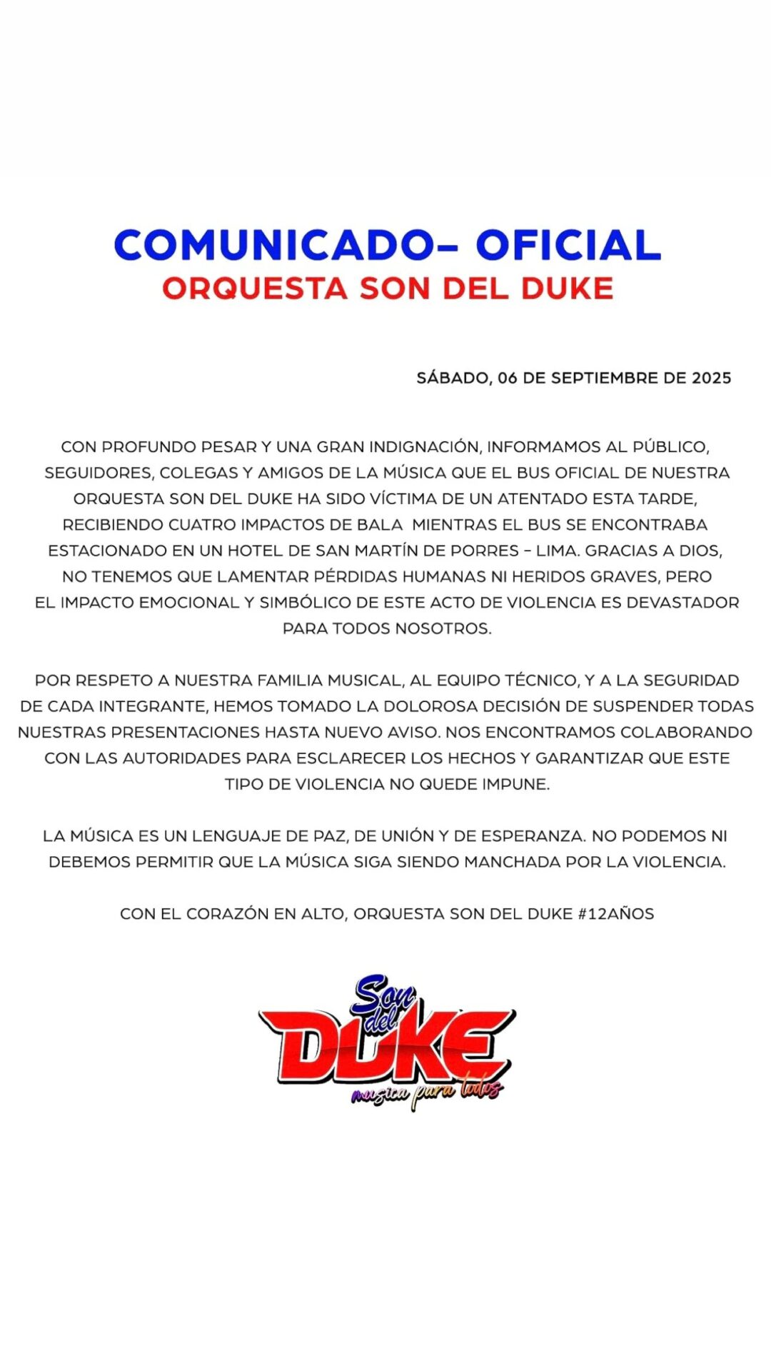 Comunicado de la orquesta Son del Duke tras atentado contra su bus en San Martín de Porres.