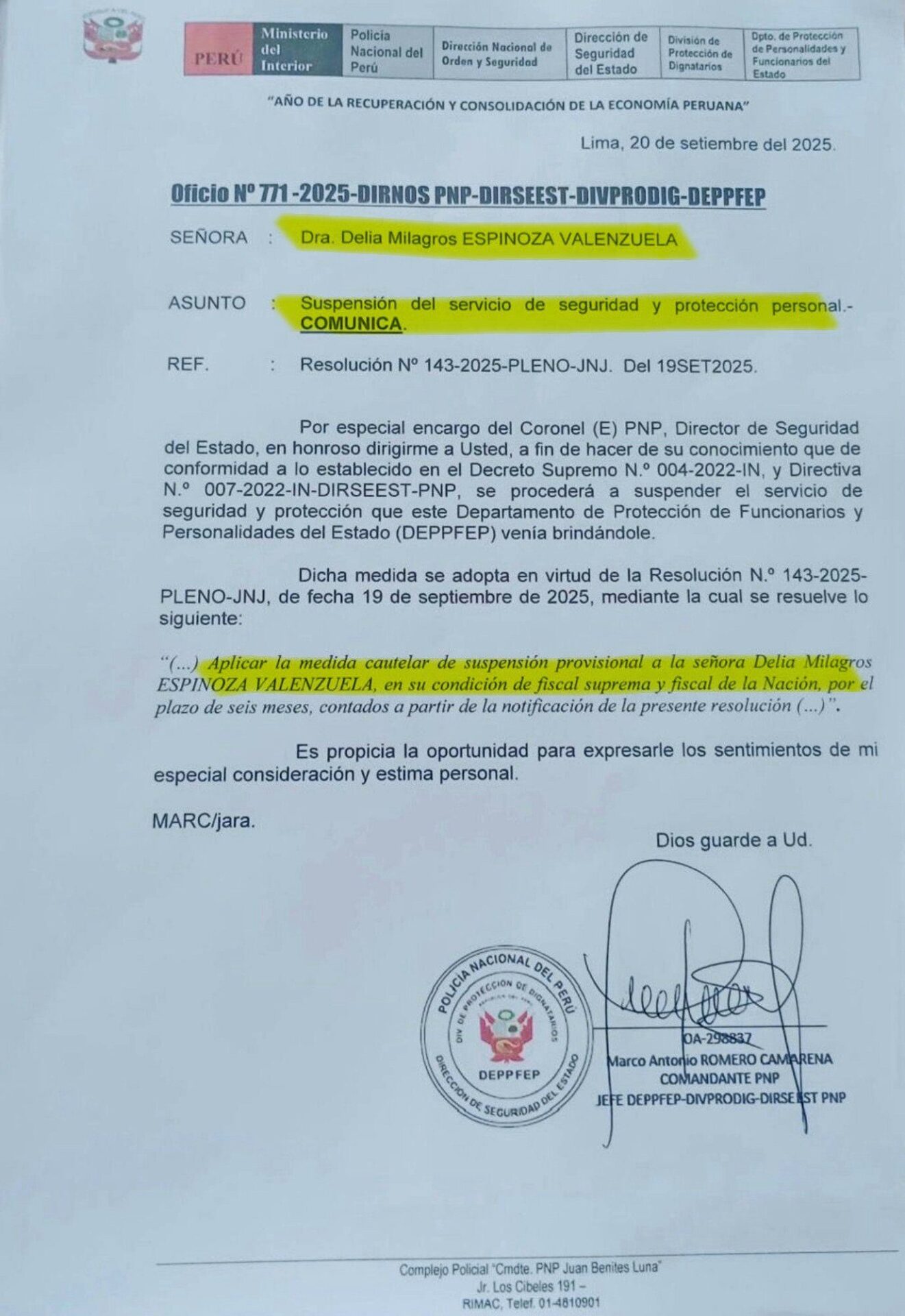 PNP le suspende servicio de seguridad y protección personal a Delia Espinoza