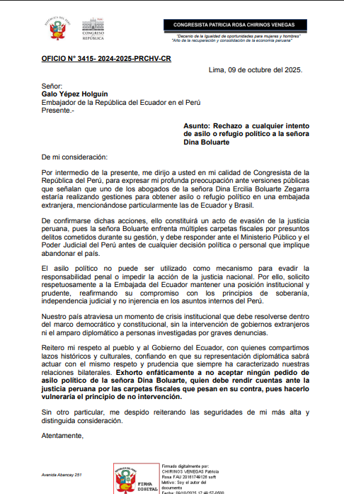 Oficio a embajada de Ecuador.