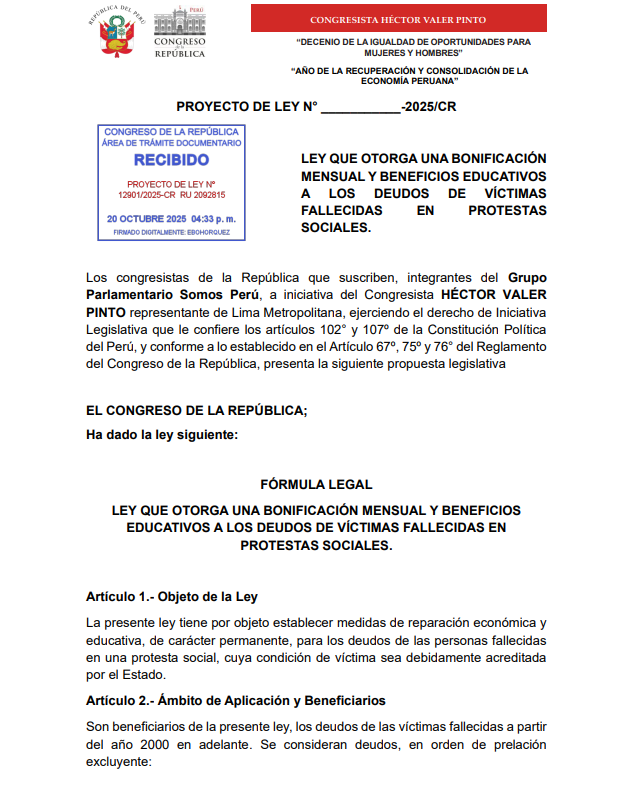 Proyecto de ley de Héctor Valer.
