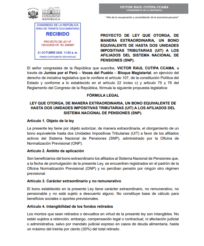 Proyecto de ley sobre bono para afiliados ONP.