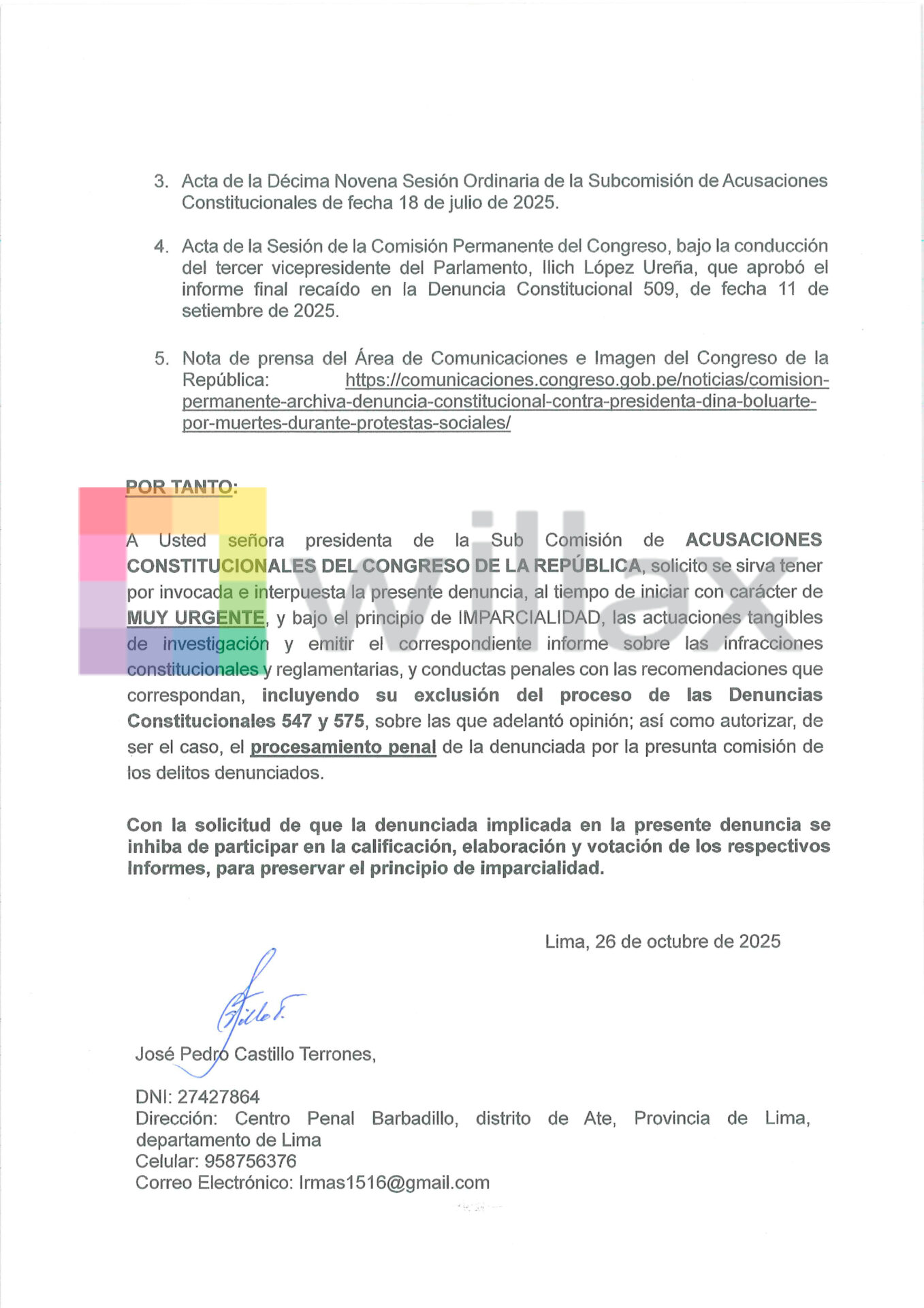 Denuncia constitucional de Pedro Castillo contra Lady Camones.