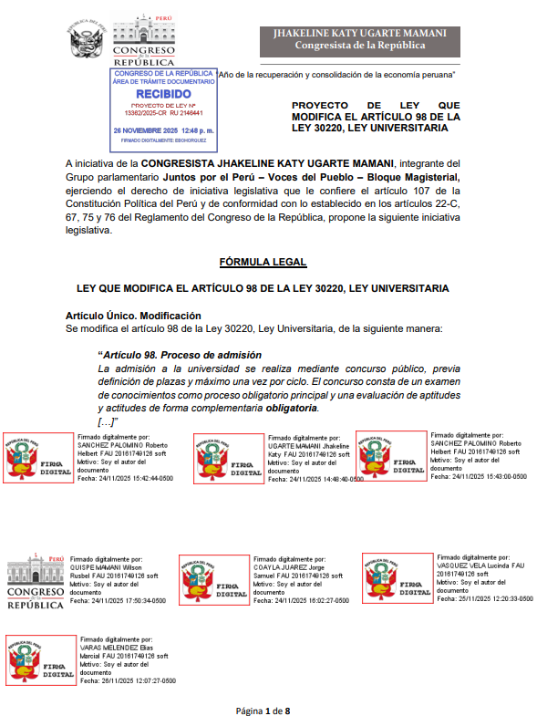 PL que busca modificar la Ley Universitaria.