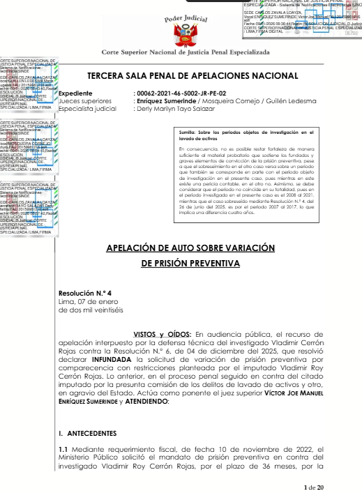 Resolución judicial de caso Vladimir Cerrón.