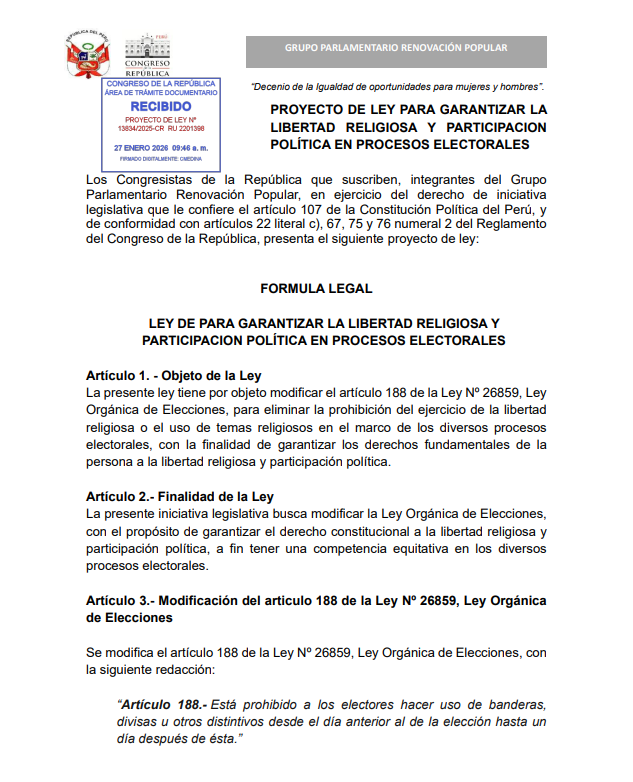 Renovación Popular presenta proyecto de ley.